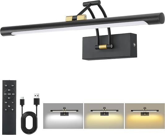 16“ Picture Lights for Wall Battery Operated, Wireless Picture Light with Remote, Rechargeable Wall Light 3000K/4000K/6000K Dimmable, Art Lighting for Paintings Frame Gallery Dartboard, Black Gold