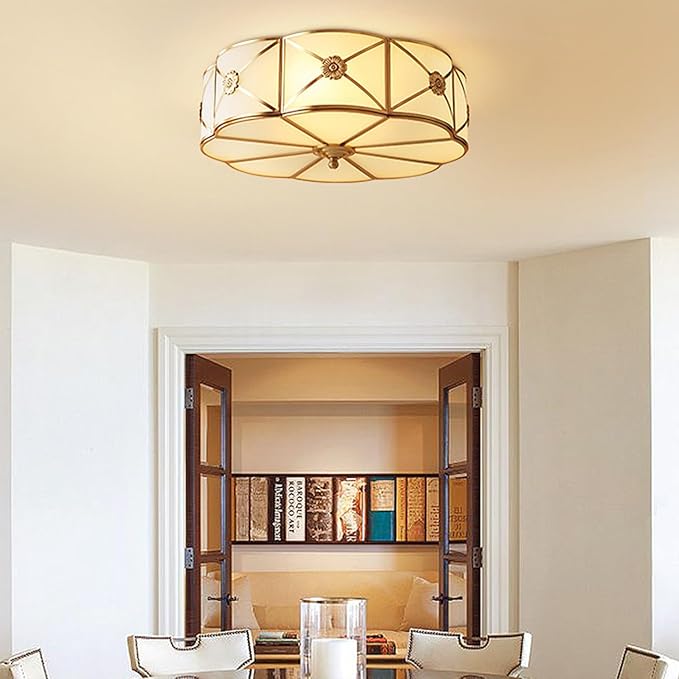 MIXL- Mid Century Brass Flush Mount Ceiling Light, 4-Light LED Brass and Glass Ceiling Lamp, Frosted Glass Shade Modern Light, Close to Ceiling Light Decorative for Bedroom Living Room(17.71" W)