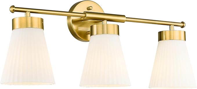 Bathroom Light Fixture, HWH 3-Light Brushed Gold Vanity Lights for Bathroom Modern Vanity Sconce Lighting Over Mirror, Wall Lamp with Frosted White Striped Glass, 5HZG97B-3W BG