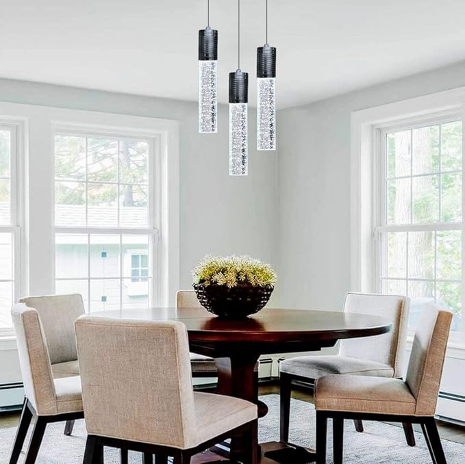 3 Lights Independent Kitchen Island Dining Room Lights Black Pendant Light Fixtures Linear Chandeliers 3 Pendant Lights for Kitchen Island Modern Pendant Light Fixtures, Day Light Bulbs Included