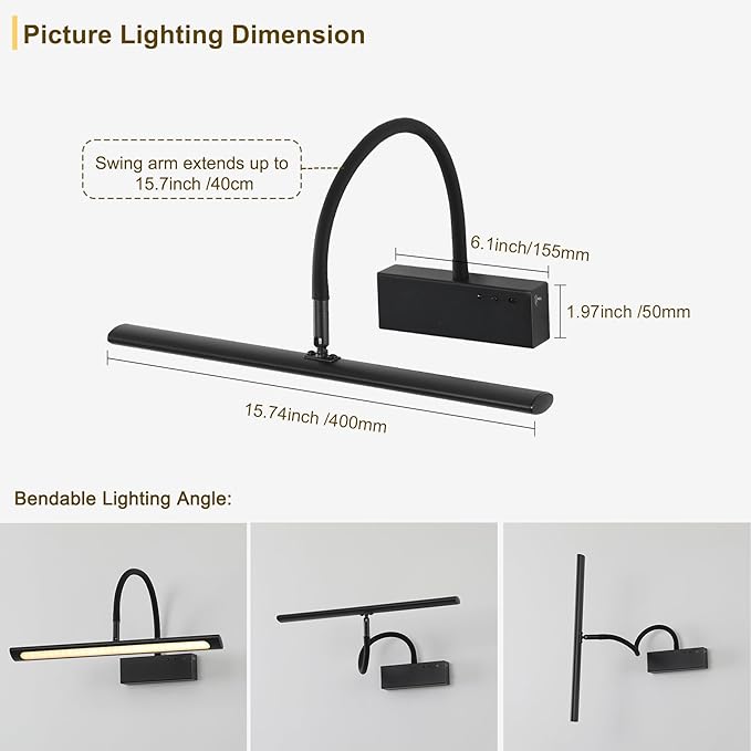 JOOSENLUX Wireless Picture Light with Remote Control Battery Powered Art Light 15.75 Inch Black Gallery Light Dimmable and Timer Function for Pictures, Display, Artwork, Gallery