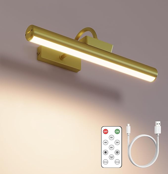 Picture Light Battery Operated, Wireless Art Light for Paintings, Dimmable 5000mAh Recharging Battery Picture Light with Remote Control for Wall, Gallery Dartboard Art Bedroom (Gold-1Pack)