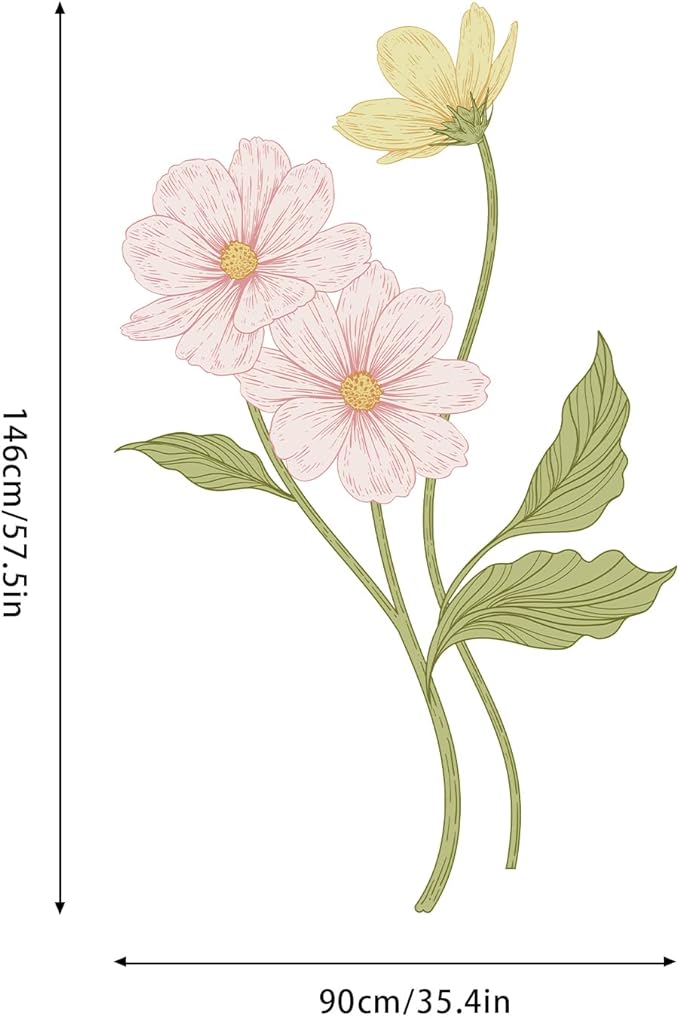 Large Flower Wall Decals 61" H x 31.1" W Peel and Stick Yellow Pink Daisy Wall Sticker Boho Floral Decal for Door Decorative Vinyl Wall Art Mural for Bedroom Living Room Classroom Office