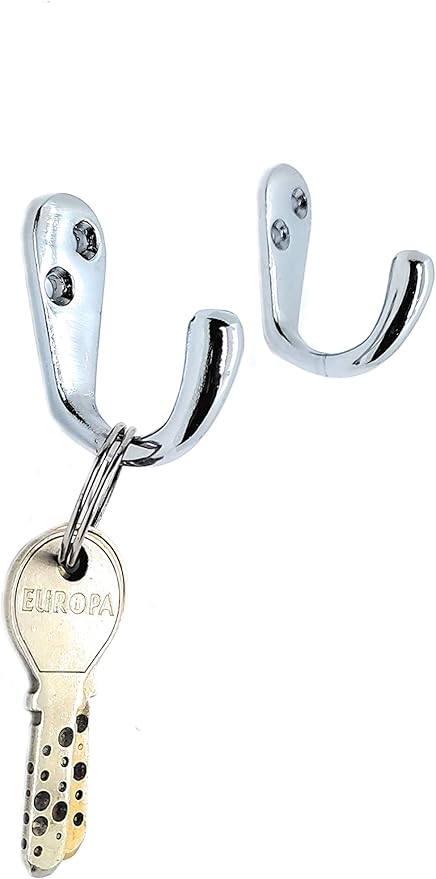 Multipurpose Hooks, Used to Hang Clothes, Bags, Coats, Curtain Hold Backs, Keys, Silver Colour, Material - White Metal, Screws and Wallplugs Included, Pack of 2 Pieces