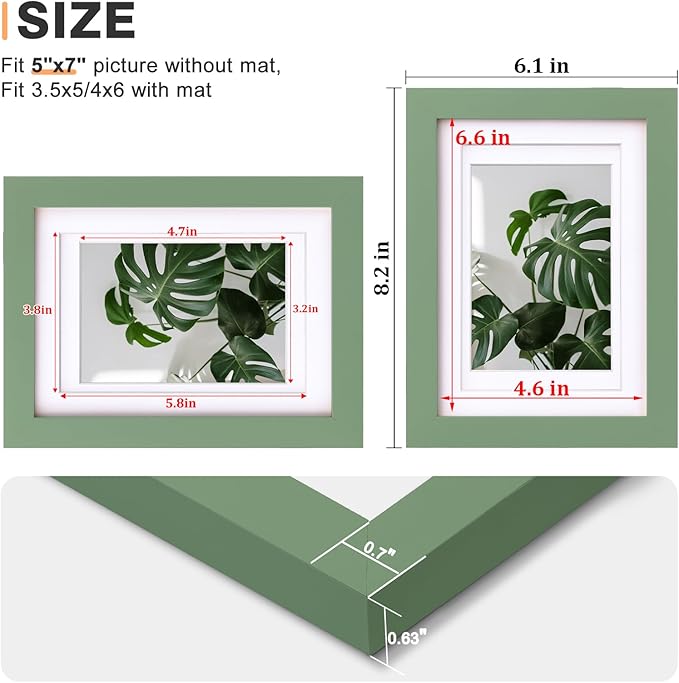 Egofine 5x7 Picture Frame 4PCS Made of Solid Wood, Display Pictures 3.5x5/4x6 with Mat or 5x7 Without Mat Covered by Plexiglass for Table Top Display and Wall Mounting Photo Frame, Green