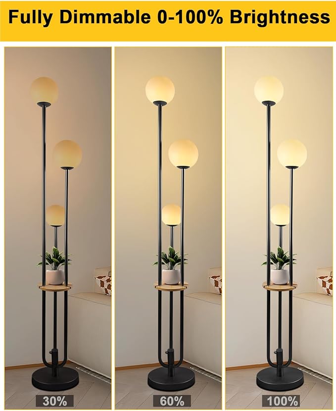 63IN Dimmable Floor Lamp with Shelf, Unique Globe Black Tall Standing Lamps Candle Holder Style, 3000K Warmwhite Mid Century Modern Floor Lamp for Living Room Home Office(Bulbs Included)