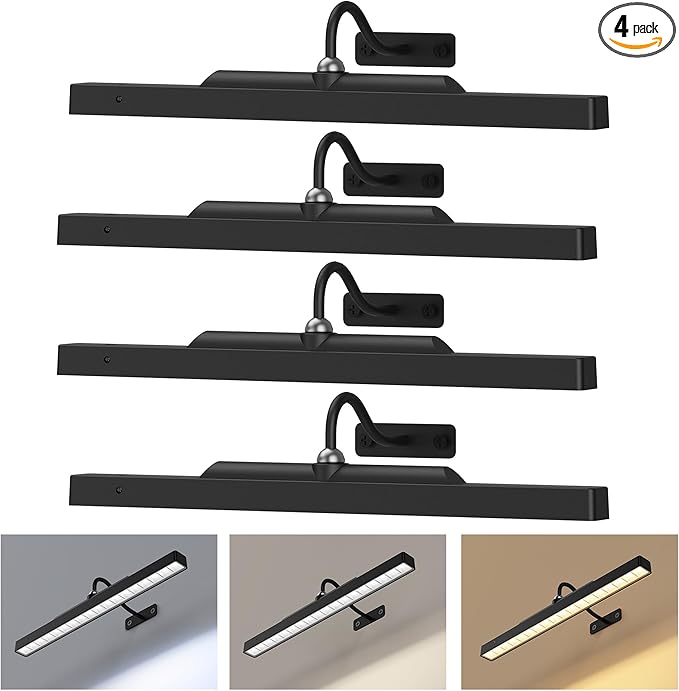 4 Pack Cordless Picture Lights for Wall Art, Gallery Lights Battery Operated – Dimmable Picture Lights for Wall Paintings, 13H Runtime, Remote, 3 Color Temps for Artworks,Photos,Gallery_Black