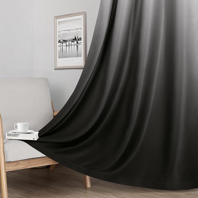 HOMEIDEAS Black 100% Ombre Blackout Curtains for Bedroom, 52 X 63 Inches Long Room Darkening Gradient Light Blocking Thermal Insulated Grommet Drapes for Living Room, 2 Panels