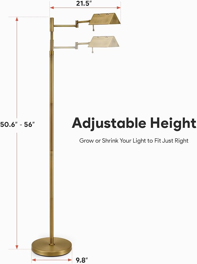 VONLUCE Dimmable LED Floor Lamp, 56" Floor Lamp for Living Room with Adjustable Height Swing Arms 3 Color Temperatures, Industrial Standing Pole Lamp for Bedroom Reading, Antique Brass