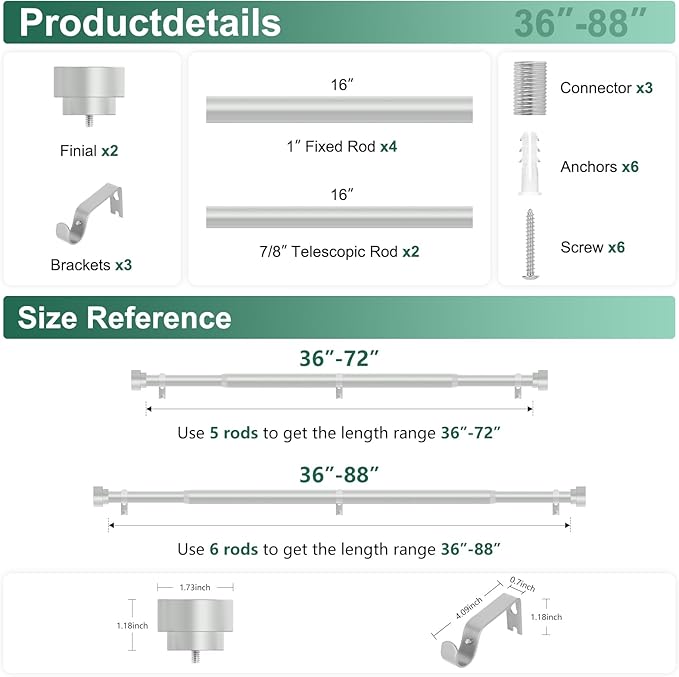 HEI! DEAR Silver Curtain Rods 48-84 Inch (4-7FT), Heavy Duty Adjustable Telescoping Curtain Rods, Antique Silver