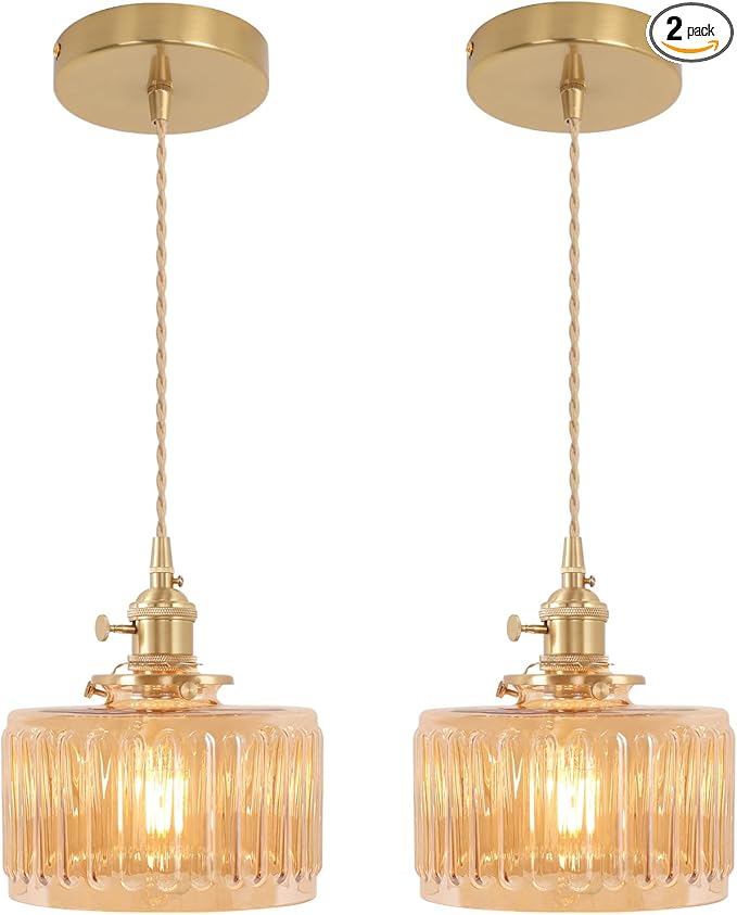 Pendant Light 2 Pack with Amber Striped Glass Lmapshade, Brass Vintage Pendant Light Adjustable Hanging Light for Kitchen Island Dining Room Hallway