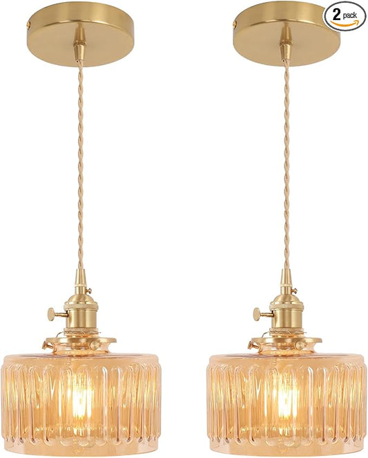 Pendant Light 2 Pack with Amber Striped Glass Lmapshade, Brass Vintage Pendant Light Adjustable Hanging Light for Kitchen Island Dining Room Hallway