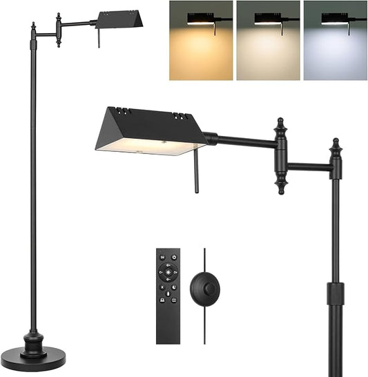 Dimmable Pharmacy Floor Lamp with Remote, 15W LED Reading Floor Lamp with 360°Swing Arm, 3 Color Temperature, Height Adjustable Black Standing Task Lamp for Living Room, Bedroom, Black