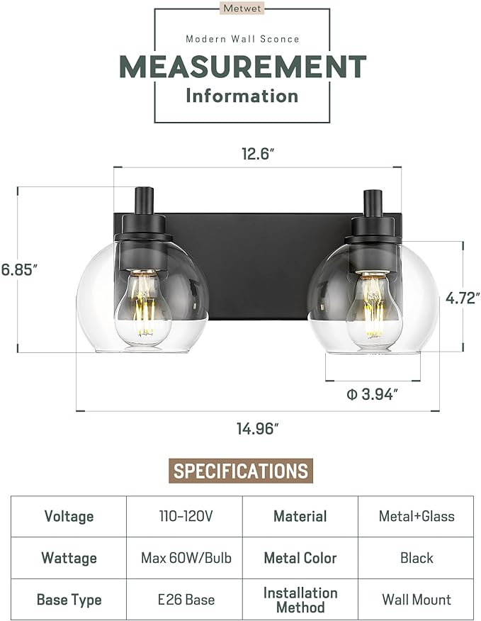 Bathroom Light Fixtures, 2 Light Matte Black Vanity Light, Modern Wall Sconces with Clear Glass Globe Shade, Bathroom Wall Lights Over Mirror Kitchen Bedroom Hallway, VL195-MB-2