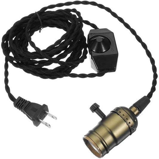 Single Vintage Bulb Cord Edison Socket lamp Plug Pendant Light with Dimmer,ZHMA Industrial DIY Lamp Holder E26/27 Base,4.5M(14.8FT) Twisted Black Cloth Cord Hanging Light Fixture(with Swith and Plug)