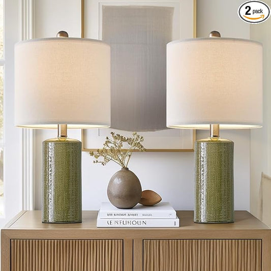 20.25" Small Table Lamps Set of 2 Modern Ceramic Lamps for Living Room Farmhouse Bedside Lamps Boho Lamps for Night Stands Green Bedroom Lamp Side Table Lamps End Table Lamp