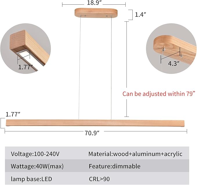 71" Wooden Linear Pendant Light LED Pendant Lights Dimmable Pool Table Island Lights Modern Linear Chandeliers for Dining Room Kitchen Ceiling Pendant Lamp for Kitchen Island Billiard Room Natural