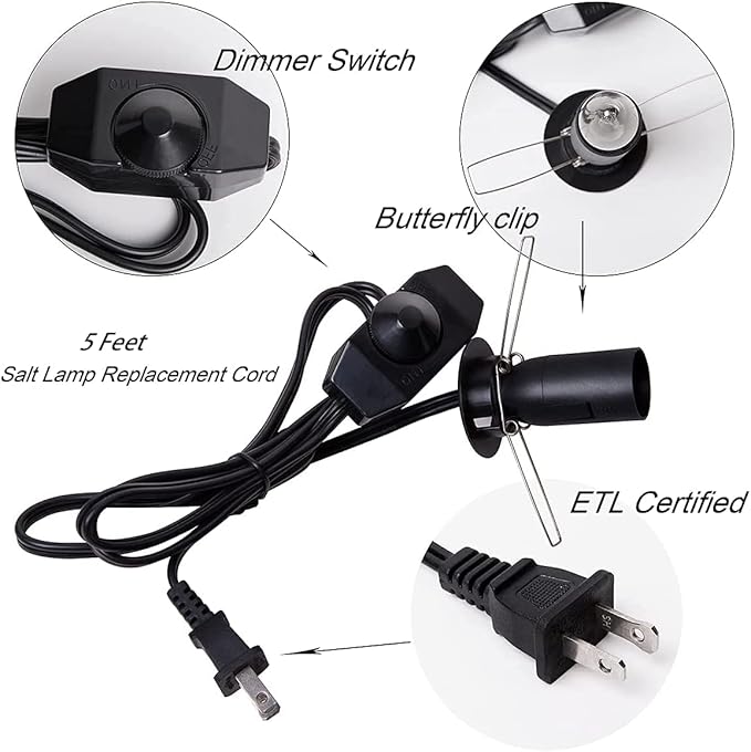 1 Pack Salt Lamp Cord Replacement with Dimmer Switch 5 feet Lamp Cord and 6-Pack Halogen Salt Lamp Bulbs(15 Watts)