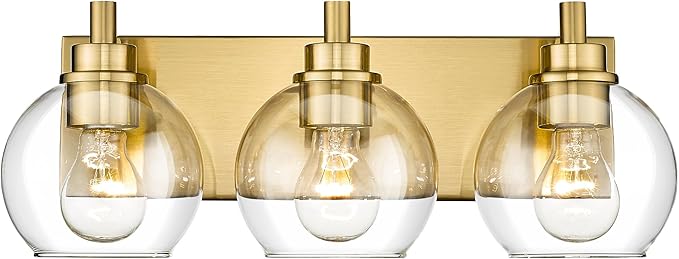Bathroom Light Fixtures, 3-Light Brushed Gold Vanity Light, Modern Wall Sconces with Clear Glass Globe Shade, Bathroom Wall Lights for Mirror Kitchen Bedroom Hallway Living Room, VL195-GD-3
