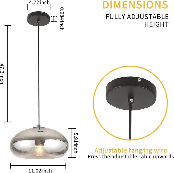 Glass Pendant Lights Kitchen Island Lighting Globe Pendant Light Fixtures IIndustrial Vintage Pendant Lighting for Kitchen Island Bedroom Living Dining Room Light Fixture(Silver Gray)