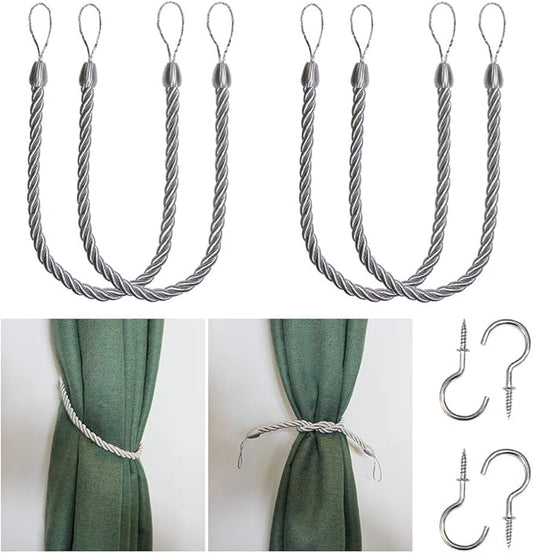 BEL AVENIR Curtain Rope Tiebacks, Drapery Rope Holdbacks with 4 Metal Screw Hooks, 2 Pair - Silver