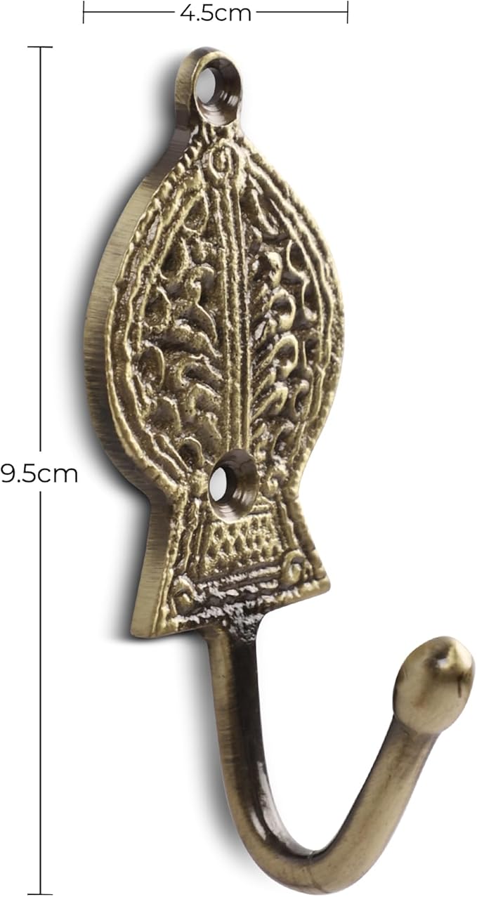 Multipurpose Hooks, Used to Hang Clothes, Bags, Coats, Curtain Hold Backs, Keys, Colour - Antique Gold, Material - Brass, Retro Design, Screws and Wallplugs Included, Pack of 4 Pieces