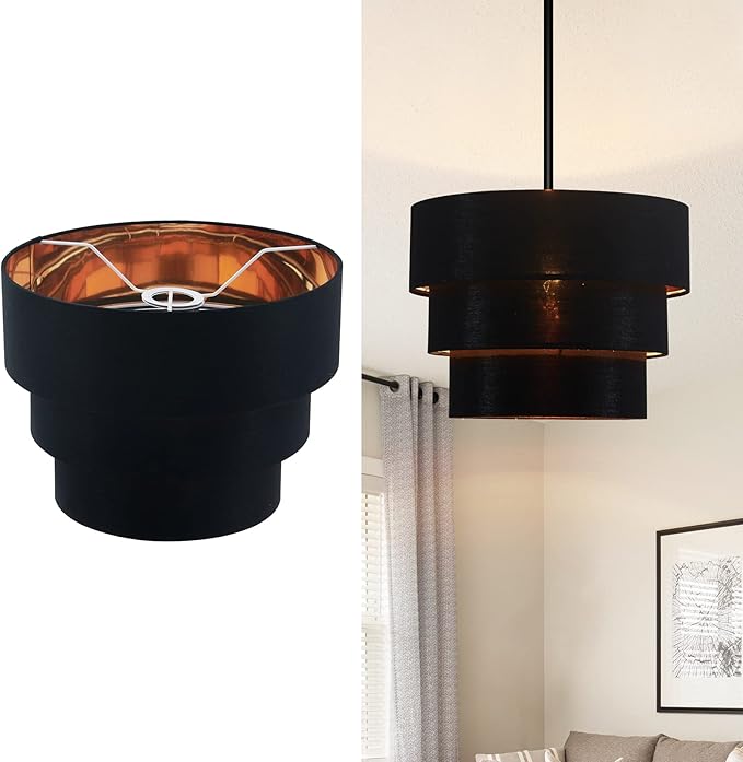 EDISLIVE 3-tier Drum Linen Lamp Shade for Pendant Lamp Floor Lamp Chandelier Replacement Shade Clip on Bulb Classic Round Lampshade Cover Only (Black)