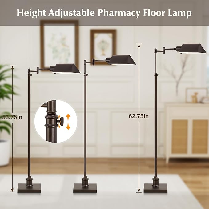 GyroVu Traditional Height Adjustable Pharmacy Floor Lamp with 350° Swing Arm, 3 Color Temperature Adjustable Standing Lamp Metal Shade for Living Room Reading House Bedroom Home Office(Bronze)