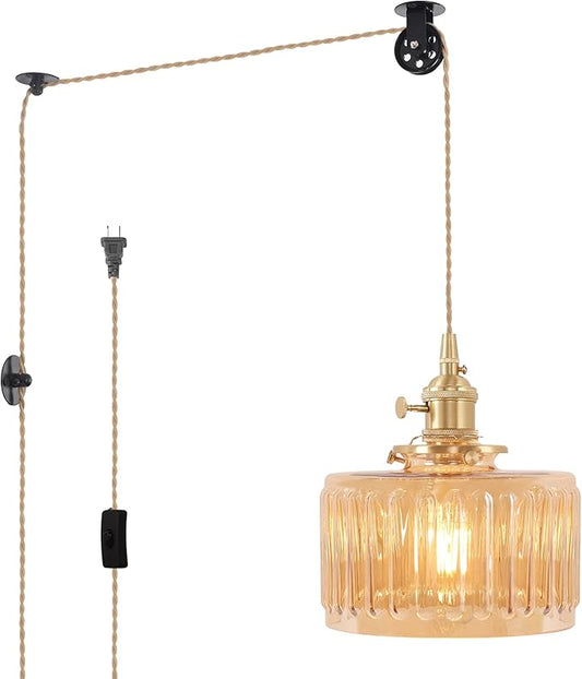 Plug in Pendant Light Hanging Light Fixture Corded On/Off Switch Brass Pendant Light with Amber Striped Glass Lampshade for Bedroom Living Room Kitchen Island