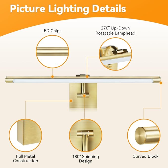 JO.KO 23.6 Inch LED Picture Lights for Wall Hardwired, Poster Art Gallery Light 10-100% Dimmable, 3000k Warm White Gold Wall Sconces 14W CRI90 for Gallery Artwork, Paintings and Bathroom