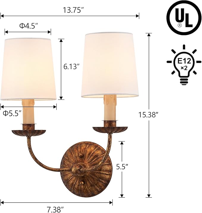 2-Lights Fabric Wall Sconces Antique Brushed Brass Wall Lights with Melted Candle Classic Mid Century Wall Lamp for Hallway Vanity Bedside Doorway, UL Listed