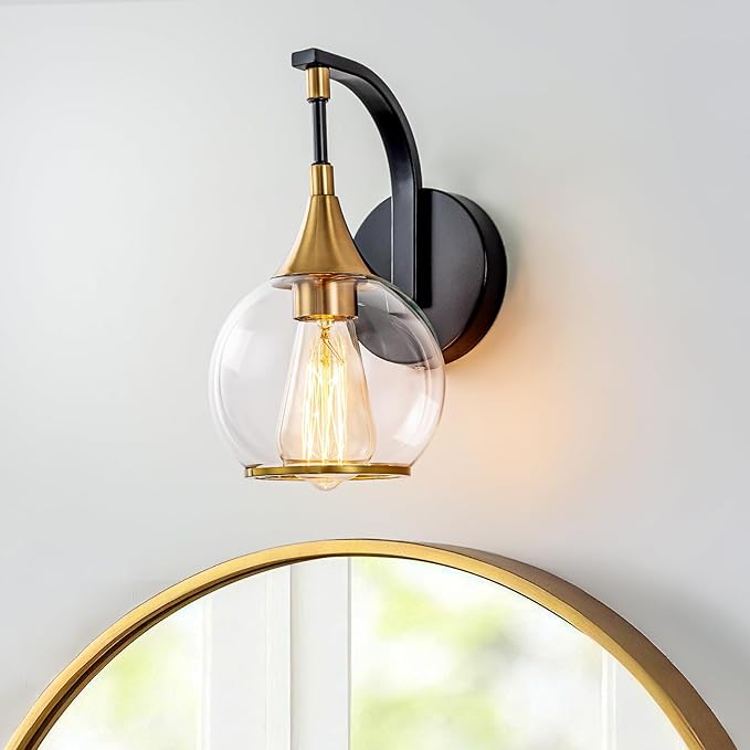 Indoor Wall Sconce, Black and Gold Wall Light Fixture with 4.9 Inches Clear Glass Shade, Bathroom Vanity Lights for Mirror, Bedroom, Hallway