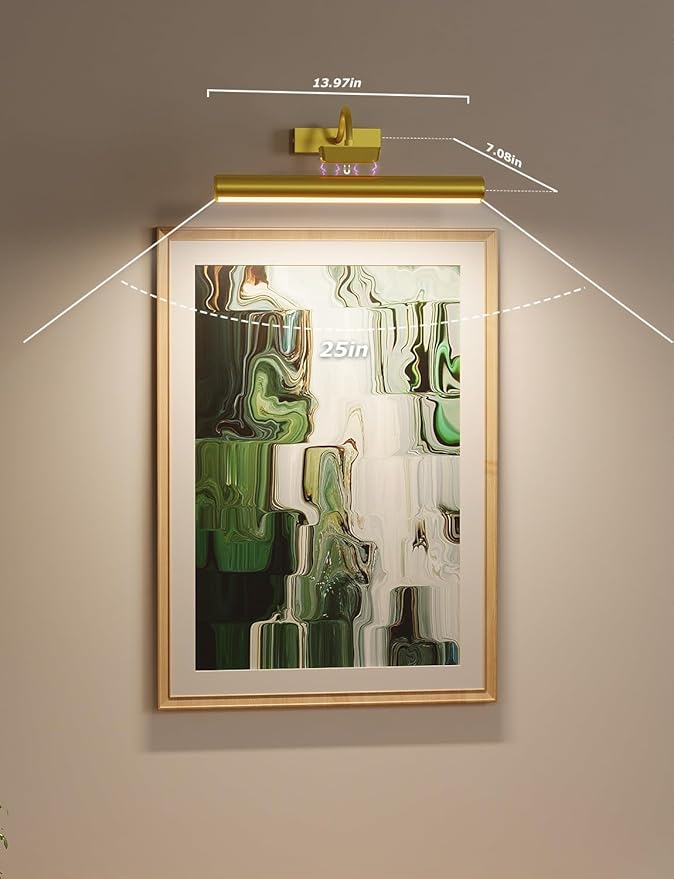 Picture Light Battery Operated, 13in Wireless Art Light for Paintings, Dimmable 5000mAh Recharging Battery Picture Light with Remote Control for Wall, Gallery Dartboard Art Bedroom (Gold-2Pack)