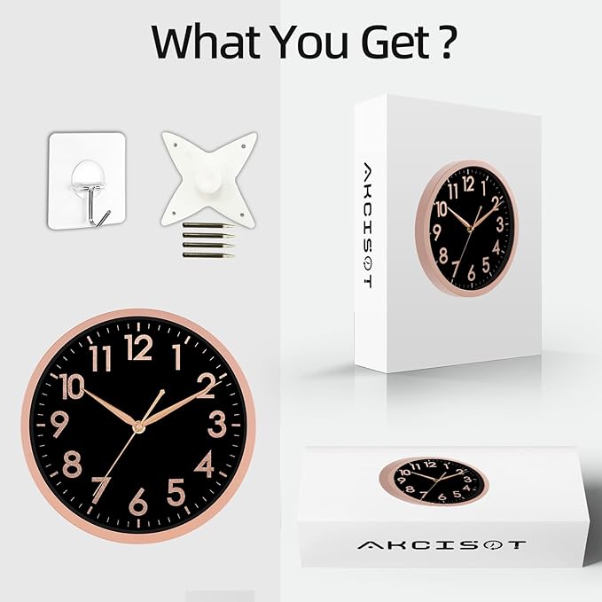 AKCISOT Wall Clock 10 Inch Rose Gold Modern Wall Clocks Battery Operated - Analog Small Silent Non Ticking Clock Decorative for Living Room, Office, Bedroom, Bathroom, Kitchen