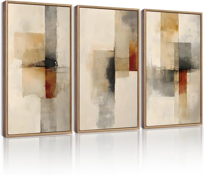 KUVIOKE Framed Abstract Wall Art Minimalist Beige Gray Red Pastel Watercolor Wall Decor Modern Neutral Art Print Home Decor 16x24in (Natural Framed)