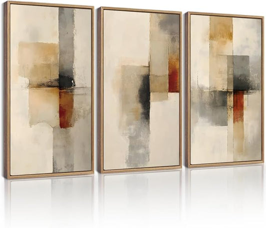 KUVIOKE Framed Abstract Wall Art Minimalist Beige Gray Red Pastel Watercolor Wall Decor Modern Neutral Art Print Home Decor 16x24in (Natural Framed)