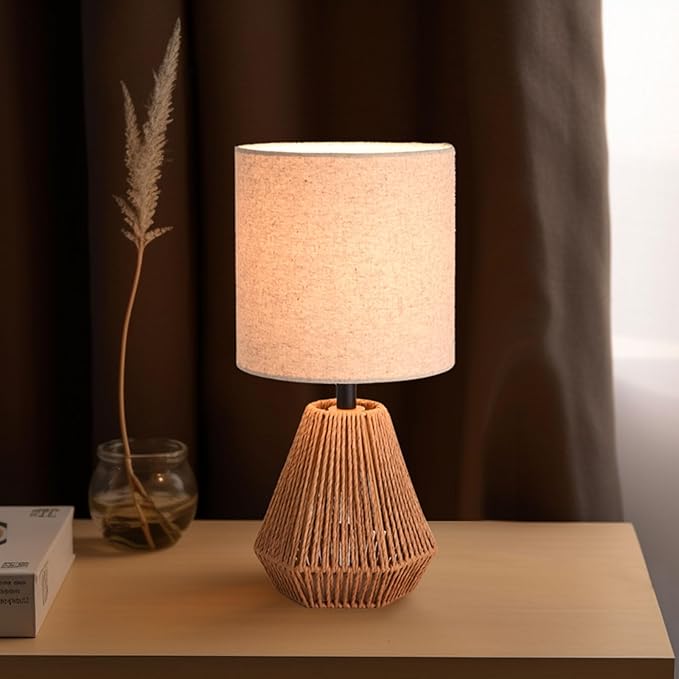 KUNJOULAM Rattan Table Lamp, Small Nightstand Lamp with Linen Fabric Lampshade, Desk Lamp for Living Room Home Office