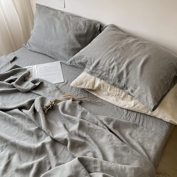 Simple&Opulence 100% Linen Pillowcases Basic Style Solid Color Set of 2, King Size Stone Washed Flax Pillow Cover Envelope Closure (20''x40'', Ultimate Grey)