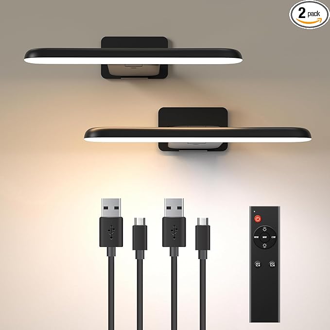 2 Pack Picture Lights for Wall, Rechargeable LED Picture Light Battery Operated with Remote, Dimmable Poster Light for Paintings, Portraits, Art Frames, Display Lighting for Wall Decor,Black