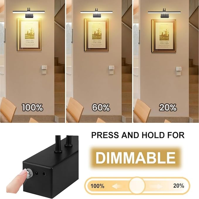 FUNCHDAY Dimmable Picture Light with Remote, 2 Colors Wireless Art Lights for Wall, 5000mAh Rechargeable Battery Gallery Pictures Lights, 16in Metal Display Light for Photo,Frame (Black)