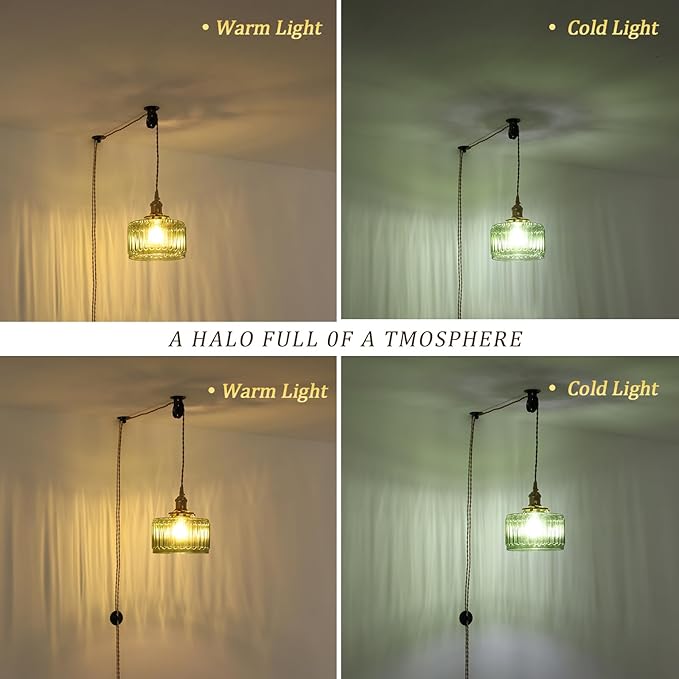 Plug in Pendant Light Hanging Light Fixture Corded On/Off Switch Brass Pendant Light with Green Striped Glass Lampshade for Bedroom Living Room Kitchen Island