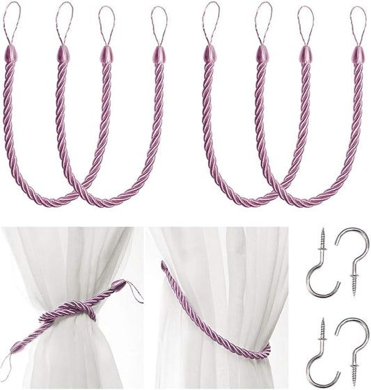 BEL AVENIR Curtain Rope Tiebacks, Drapery Rope Holdbacks with 4 Metal Screw Hooks (Pink, 4pack)