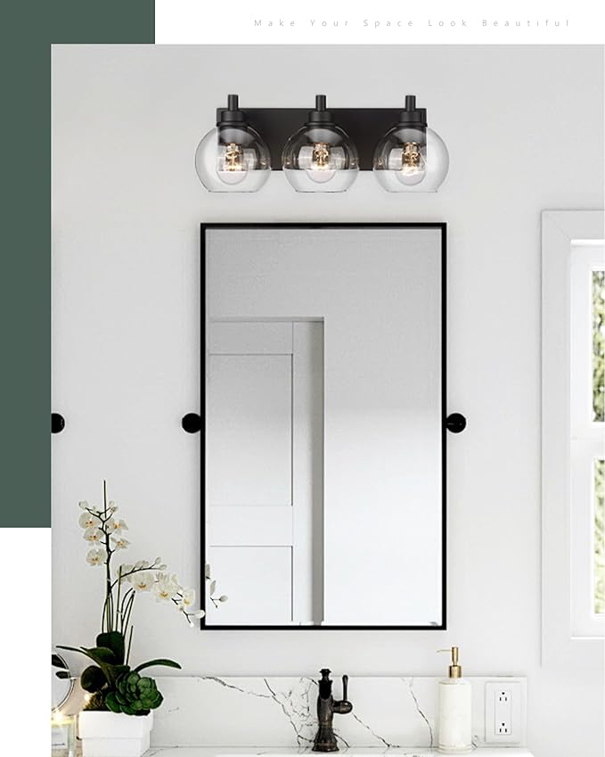 Bathroom Light Fixtures, 3-Light Matte Black Vanity Light, Modern Wall Sconces with Clear Glass Globe Shade, Bathroom Wall Lights for Mirror Kitchen Bedroom Hallway, VL195-MB-3