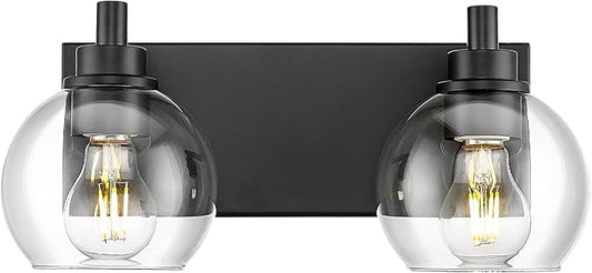 Bathroom Light Fixtures, 2 Light Matte Black Vanity Light, Modern Wall Sconces with Clear Glass Globe Shade, Bathroom Wall Lights Over Mirror Kitchen Bedroom Hallway, VL195-MB-2