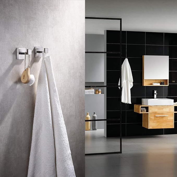 TASTOS Bath Towel Hooks Brushed Nickel, 2 Pack Stainless Steel Robe Coat and Clothes Hook, Heavy Duty Wall Hook for Bathroom & Kitchen, Modern Square Style Wall Mounted (Silver)