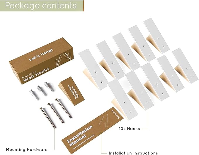 Homeforia Beech Wood Coat Hooks, High End Beech Wood & White Metal Wall Mounted Clothing Hooks, Mid-Century Modern Coat Hooks, Heavy Duty Wooden Hooks for Hanging Coats, Hats, Towels & More, Set of 10