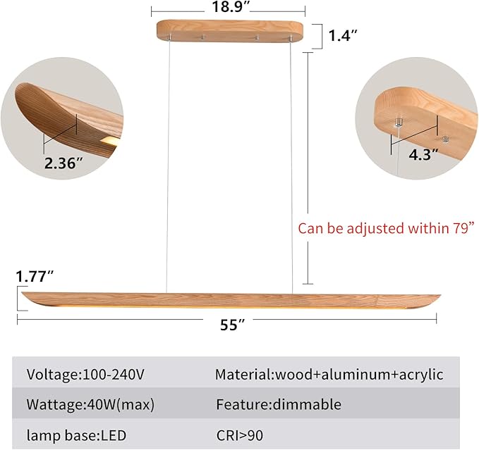 55" Wood Linear Pendant Light, Dimmable Kitchen Island Light with Remote, 40W LED Island Lights for Kitchen, Adjustable Linear Chandelier for Dinning Room Light Fixture, Bar, Pool Table Light Natural