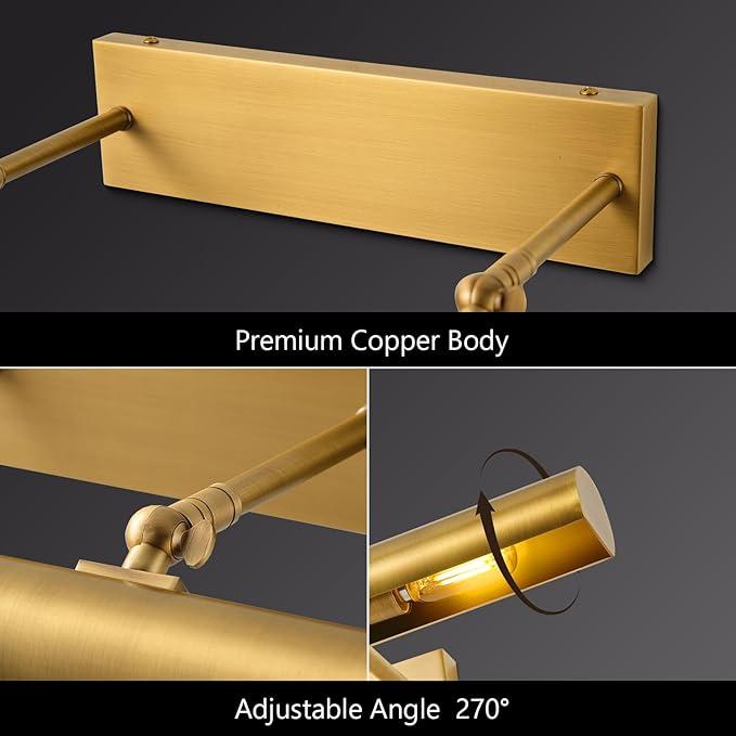 Brass Picture Light for Wall Gold Wall Sconces for Gallery 24" Linear Picture Light Hardwired, 3-Light Gold Art Light, Dimmable Lamp, 270° Picture Frame Light for Bedroom, Living Room, Hallway