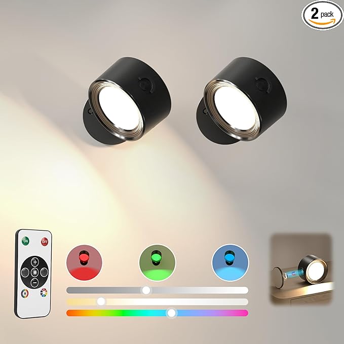 RGB Ambience Wall Sconces Lamp, 2Pcs LED Wall Mounted Lights with 3000mAh Rechargeable Battery, 3 Color Temperatures & Dimmable Magnetic 360° Rotation with Remote, Wall Light for Reading Bedside