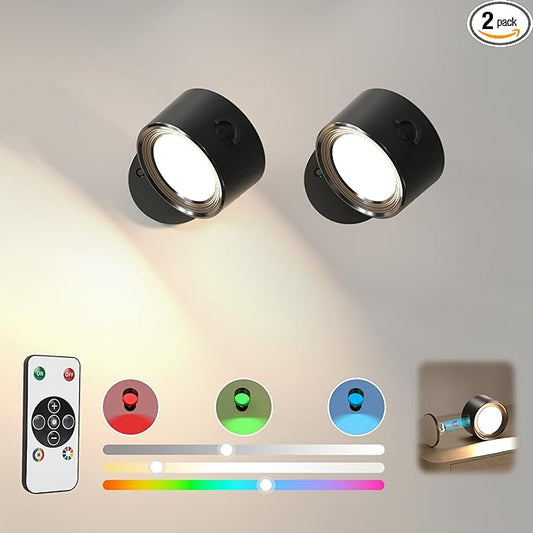 RGB Ambience Wall Sconces Lamp, 2Pcs LED Wall Mounted Lights with 3000mAh Rechargeable Battery, 3 Color Temperatures & Dimmable Magnetic 360° Rotation with Remote, Wall Light for Reading Bedside